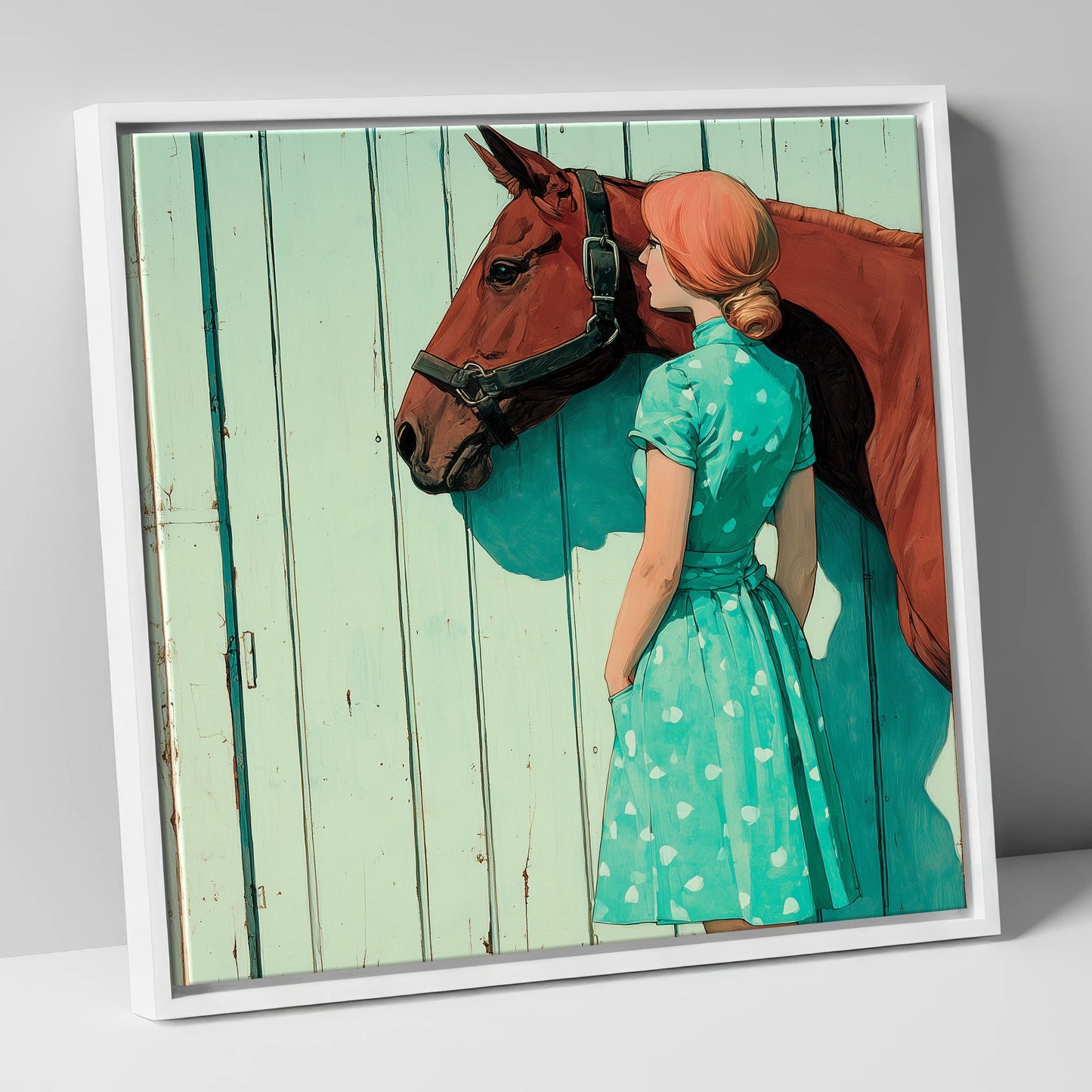 Shadows in Mint and Chestnut horse & rider canvas wall art in white frame