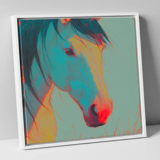 Neon Equine Gaze horse portrait canvas wall art in white frame