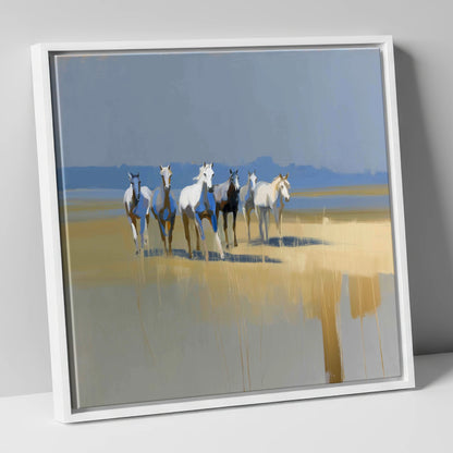 Blue Horizon Herd wild horses canvas wall art in white frame