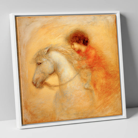 Golden Embrace horse & rider canvas wall art in white frame