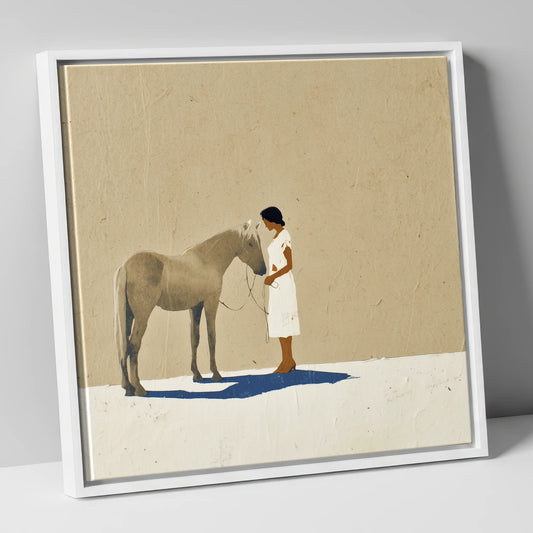 The Quiet Exchange horse & rider canvas wall art in white frame