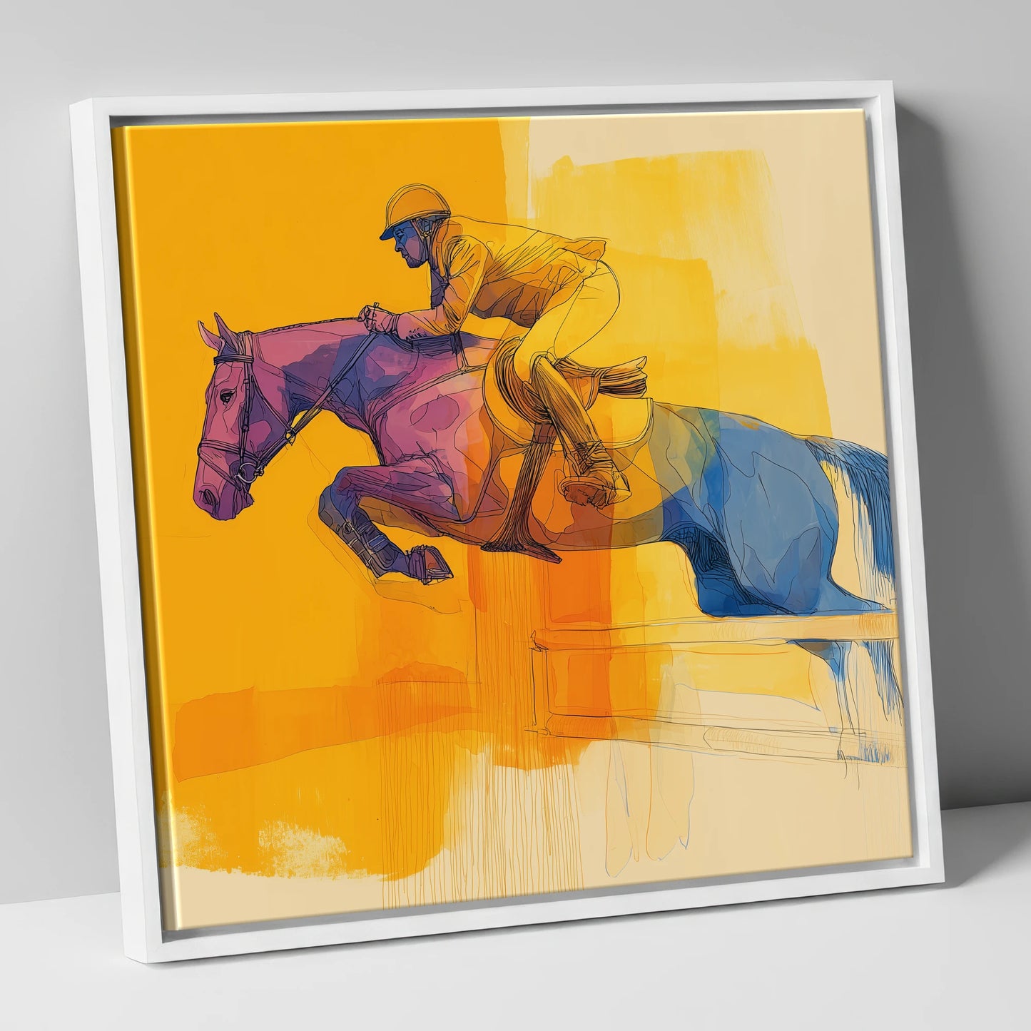 The Colour of Flight show jumping horse canvas wall art in white frame