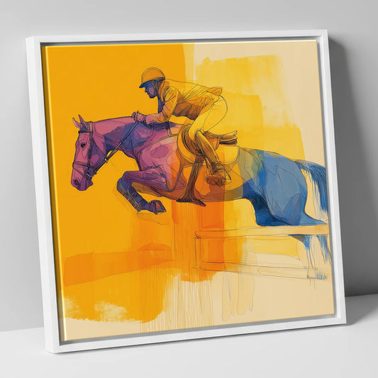 The Colour of Flight show jumping horse canvas wall art in white frame