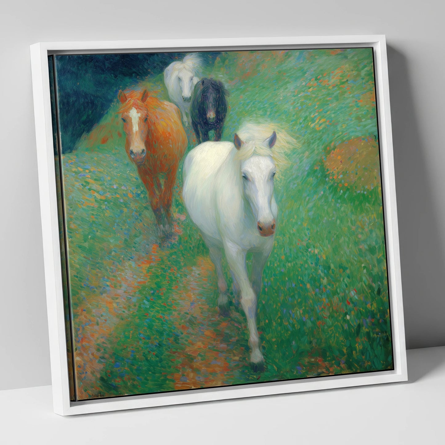 Vibrant Summer Herd horse landscape canvas wall art in white frame