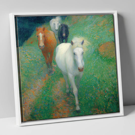 Vibrant Summer Herd horse landscape canvas wall art in white frame