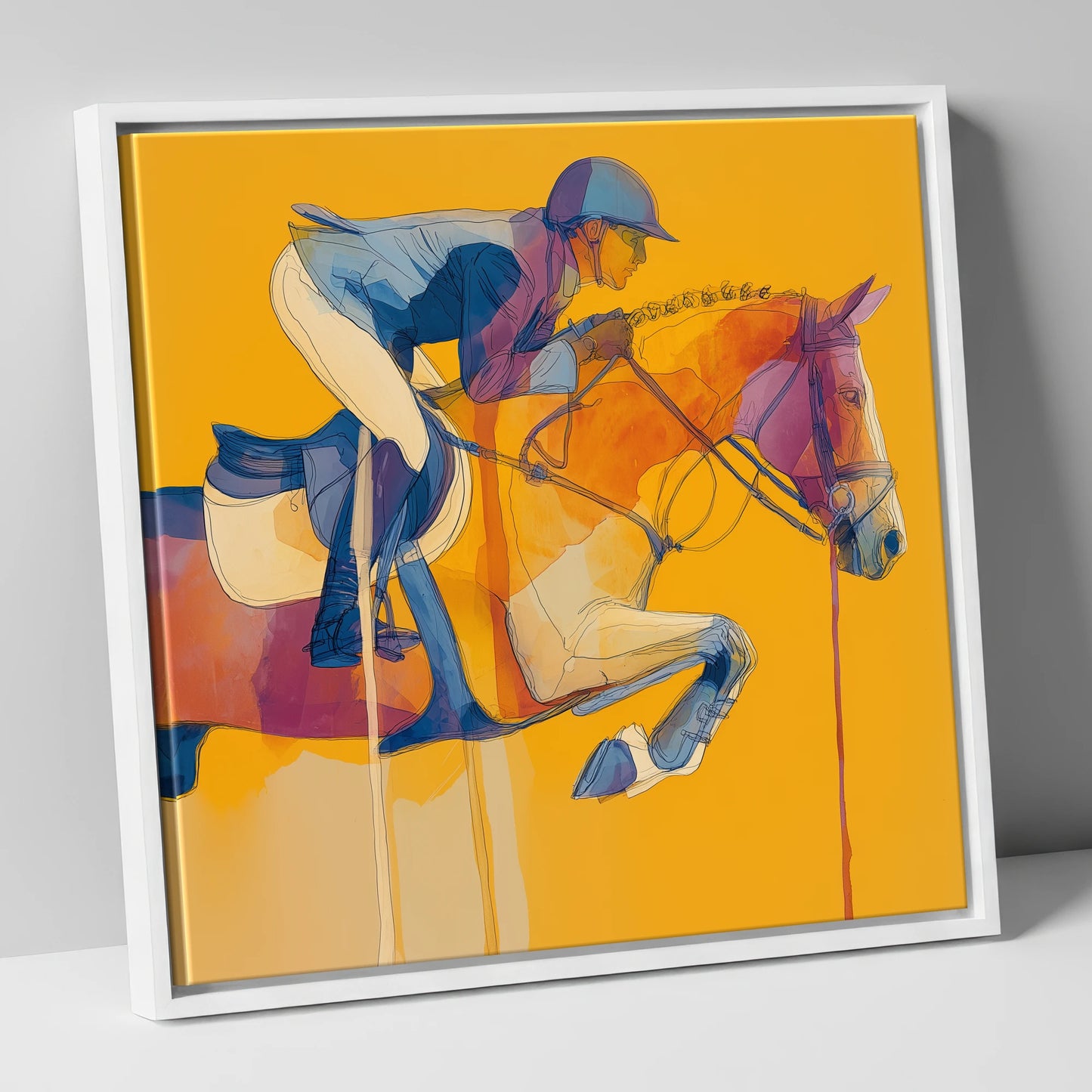 Suspended in Gold show jumping horse canvas wall art in white frame