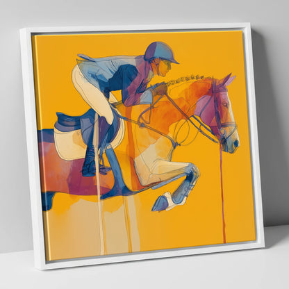 Suspended in Gold show jumping horse canvas wall art in white frame