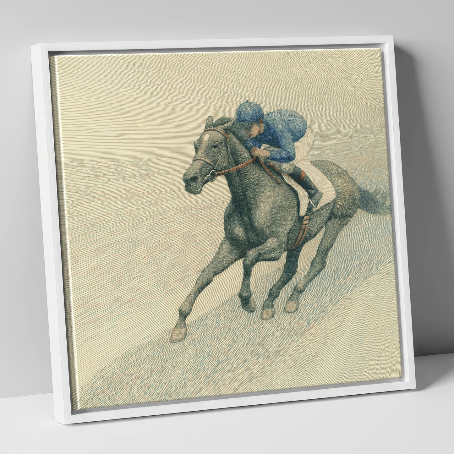 The Slate Grey Gallop racing horse canvas wall art in white frame