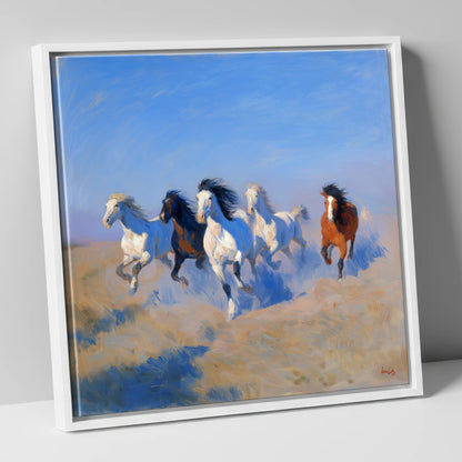 The Cerulean Gallop wild horses canvas wall art in white frame