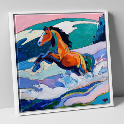 Vivid Coastal Leap beach horse canvas wall art in white frame
