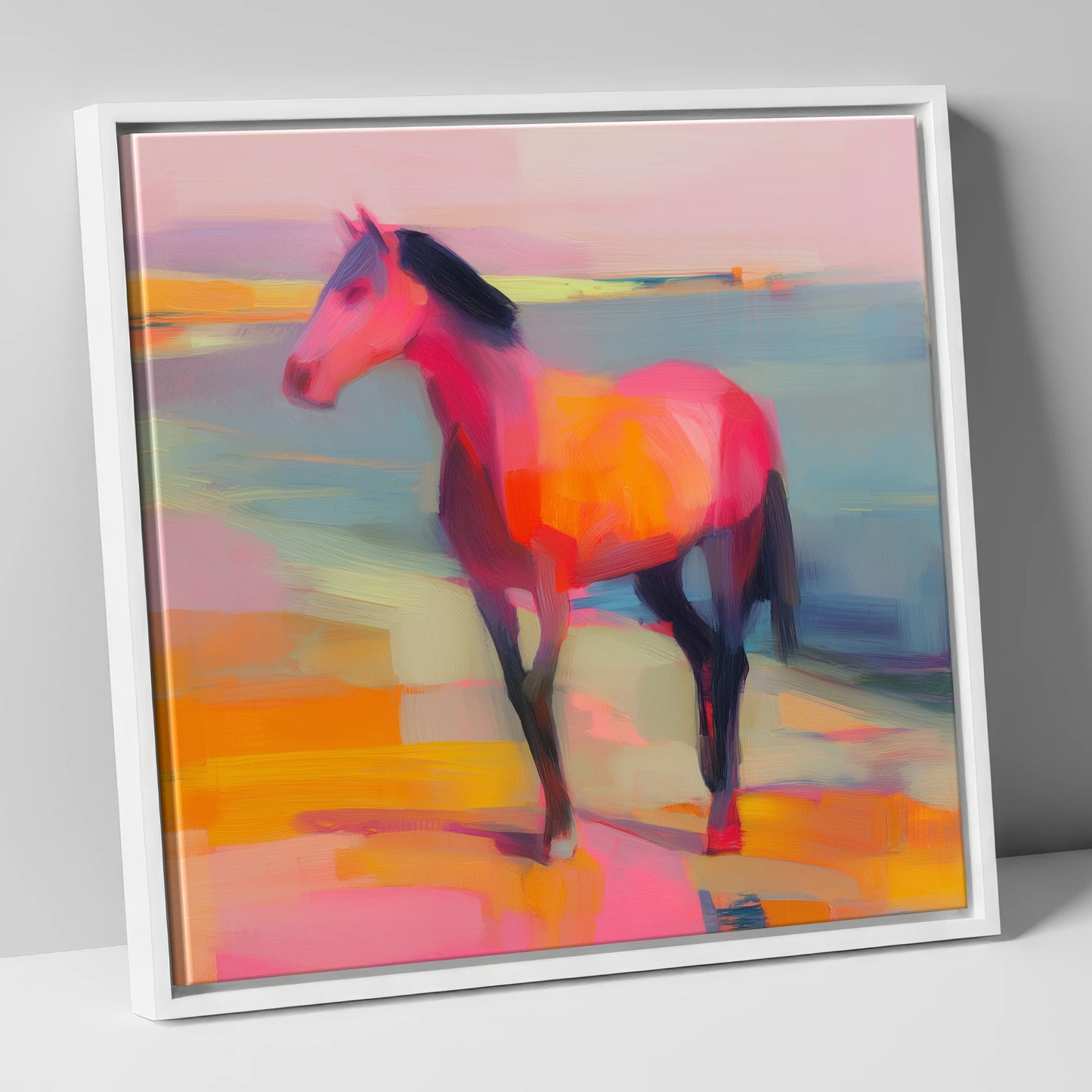 Vivid Shoreline Sentinel horse landscape canvas wall art in white frame