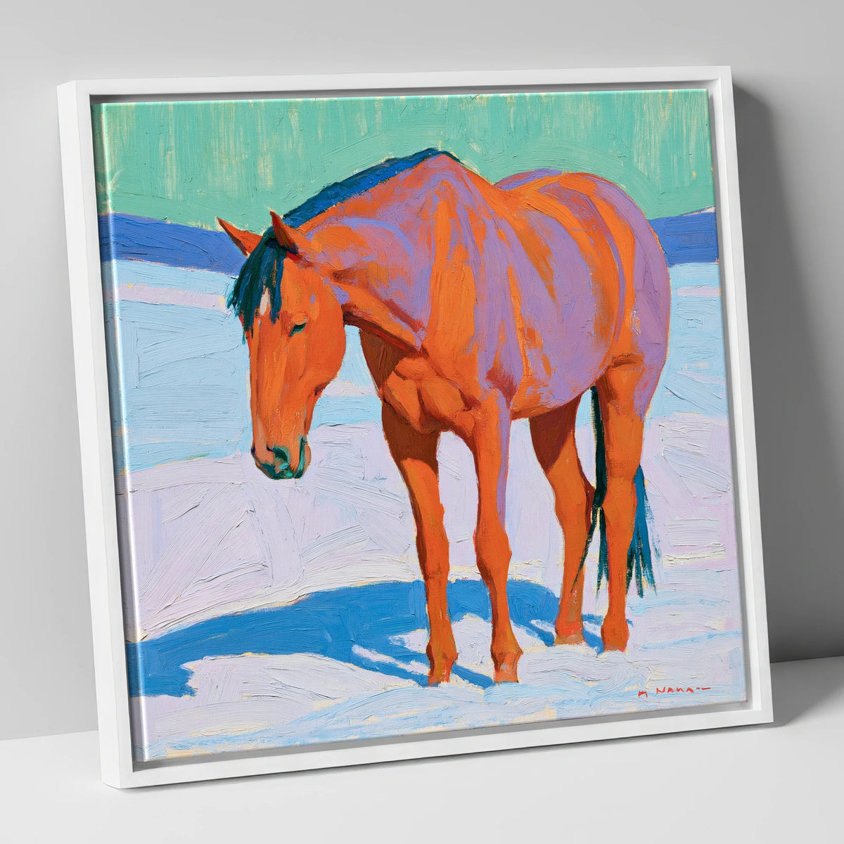 Vivid Chestnut Horse in Snow horse breed canvas wall art in white frame
