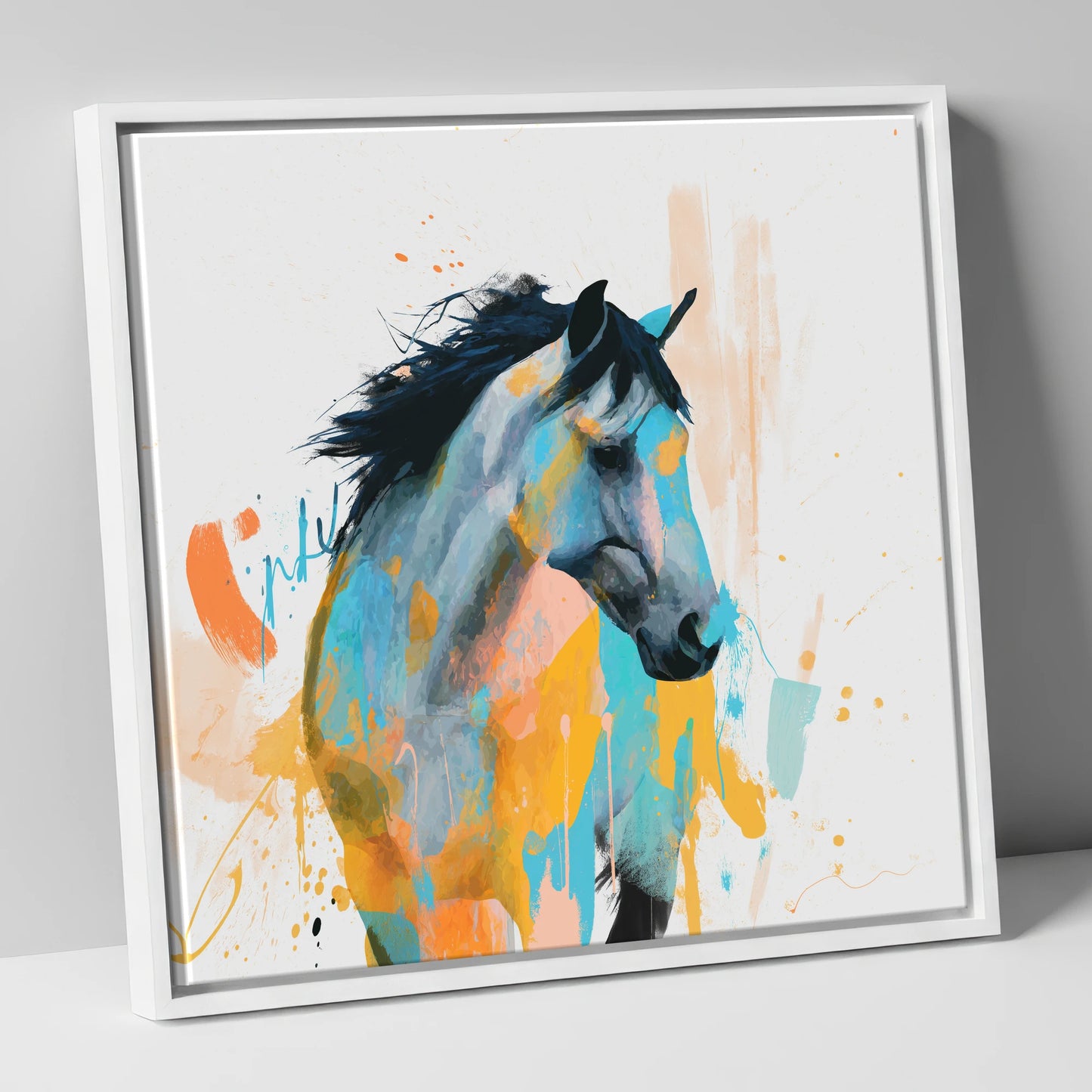 Teal and Amber Splendour horse portrait canvas wall art in white frame
