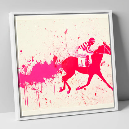 Magenta Racing Surge racing horse canvas wall art in white frame