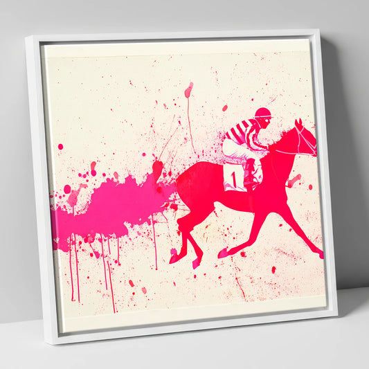 Magenta Racing Surge racing horse canvas wall art in white frame