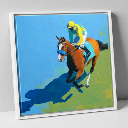 Flight and Shadow racing horse canvas wall art in white frame