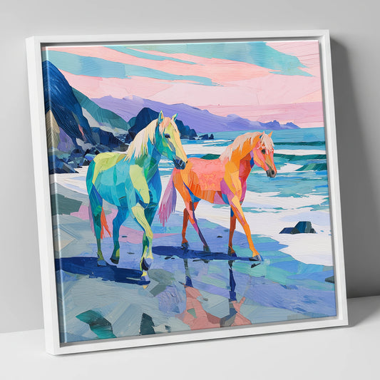 Vivid Coastal Companions horse landscape canvas wall art in white frame
