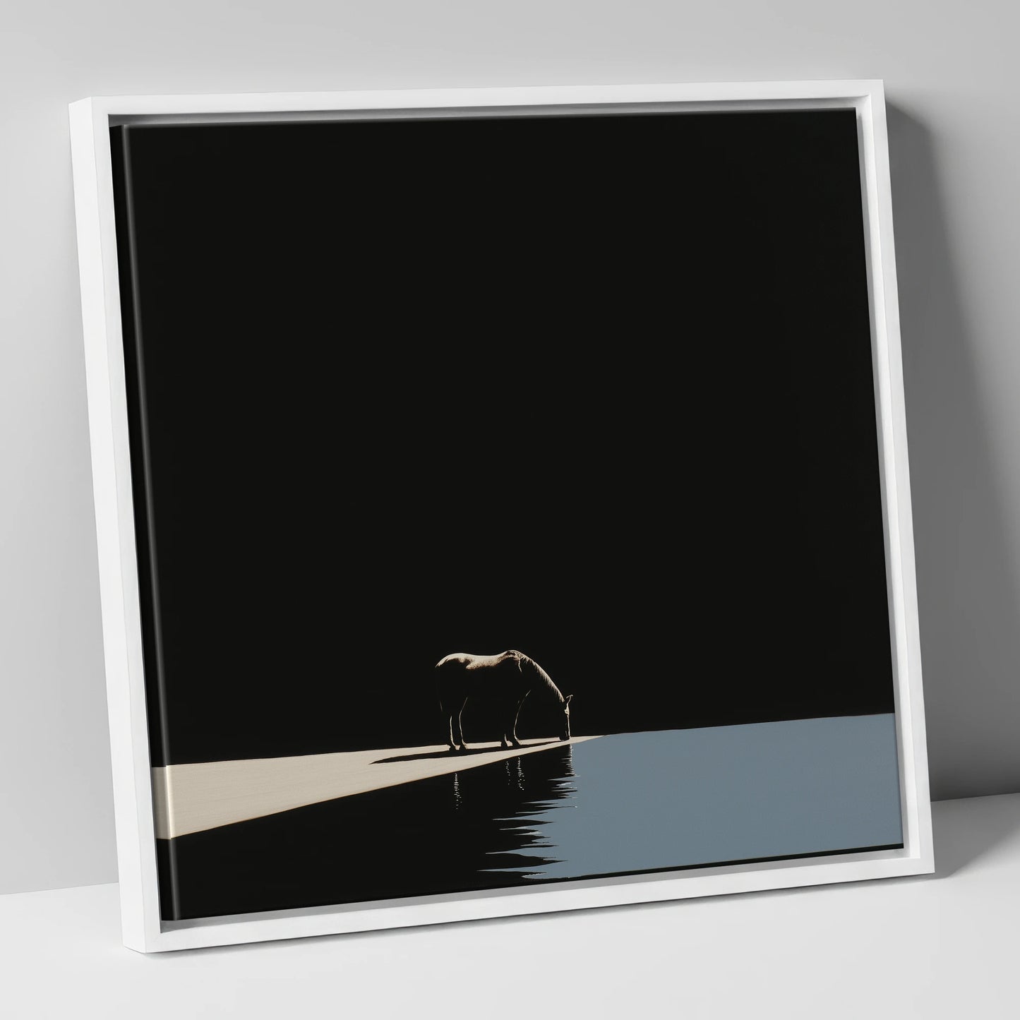 Edge of Stillness horse landscape canvas wall art in white frame