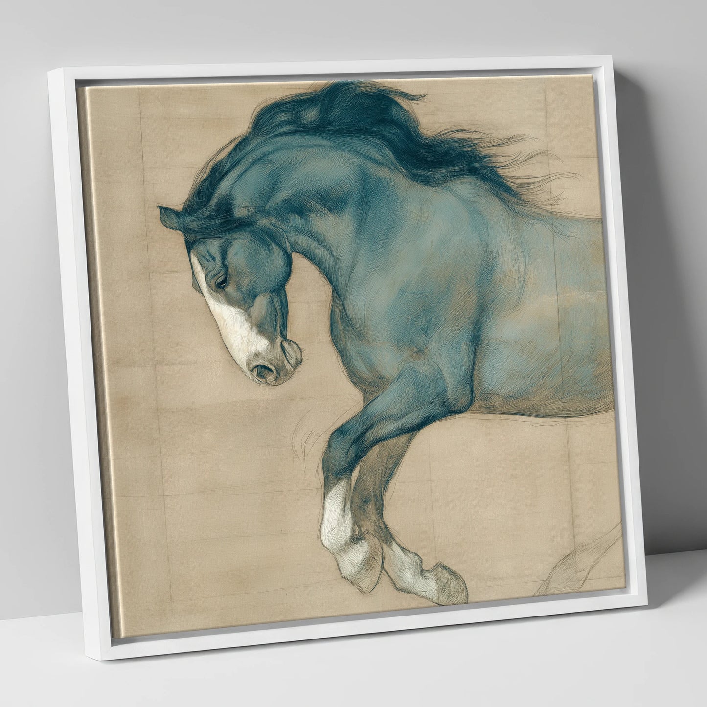 Study in Teal horse portrait canvas wall art in white frame