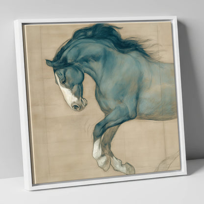 Study in Teal horse portrait canvas wall art in white frame