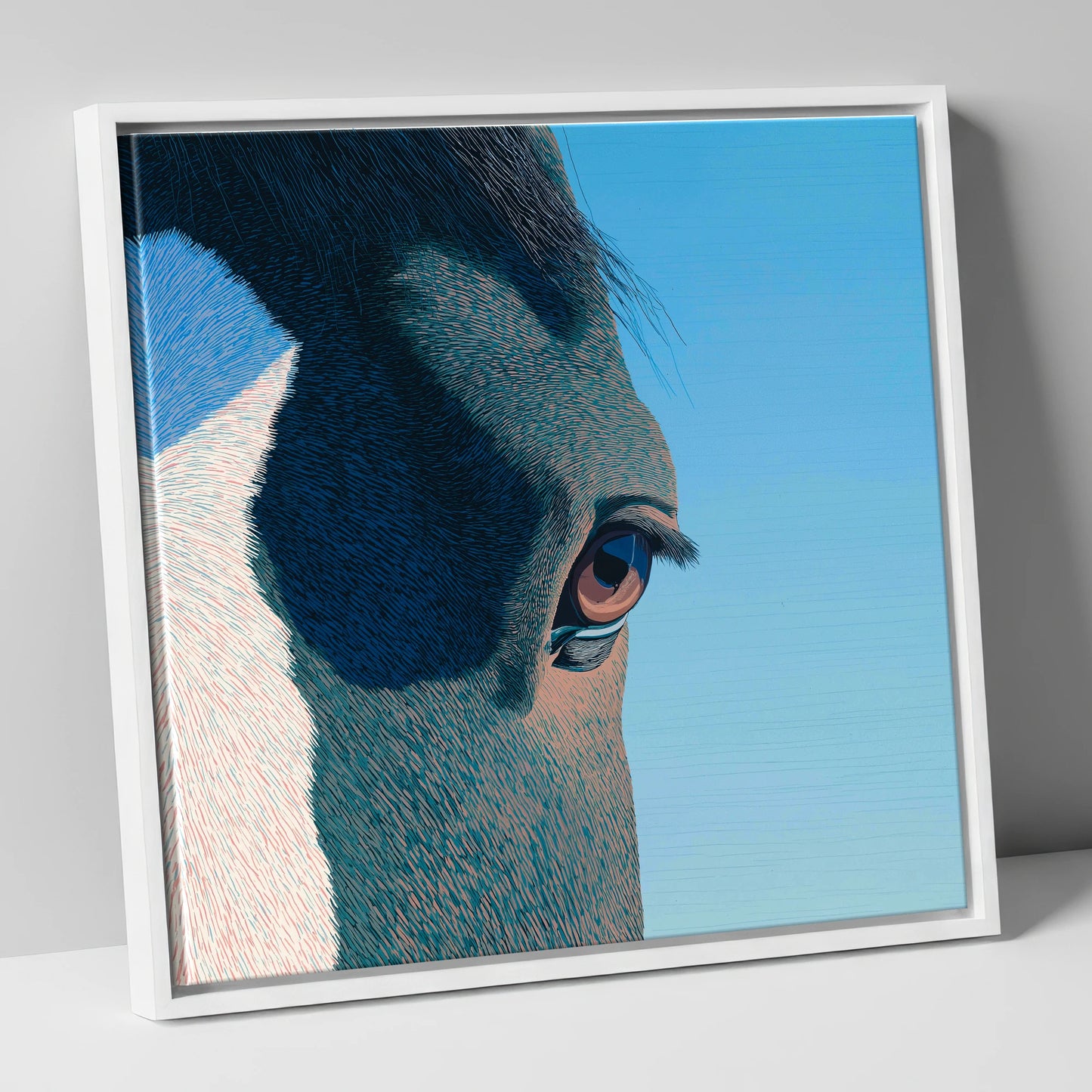 Stillness in Blue horse portrait canvas wall art in white frame