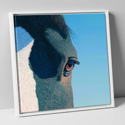 Stillness in Blue horse portrait canvas wall art in white frame