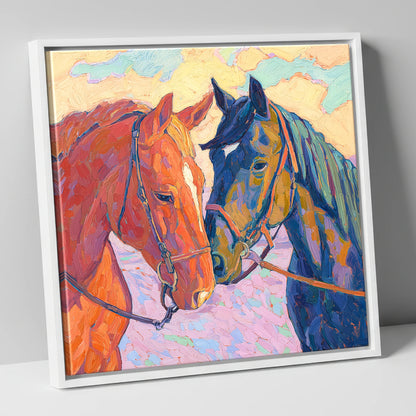 Vibrant Equine Bond horse portrait canvas wall art in white frame