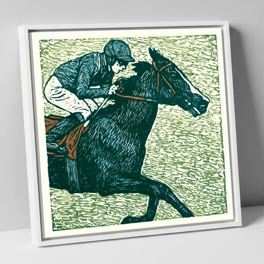 The Final Furlong racing horse canvas wall art in white frame