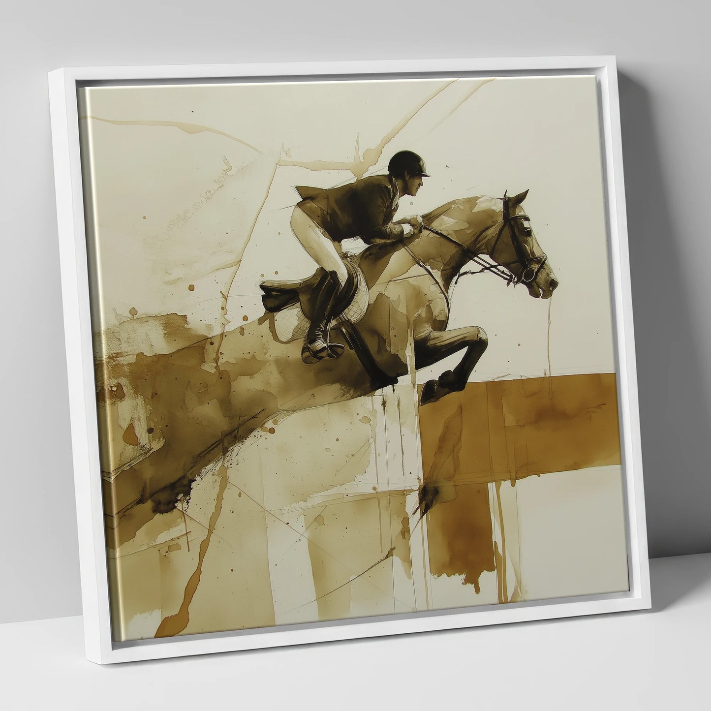 Fluidity in Flight show jumping horse canvas wall art in white frame