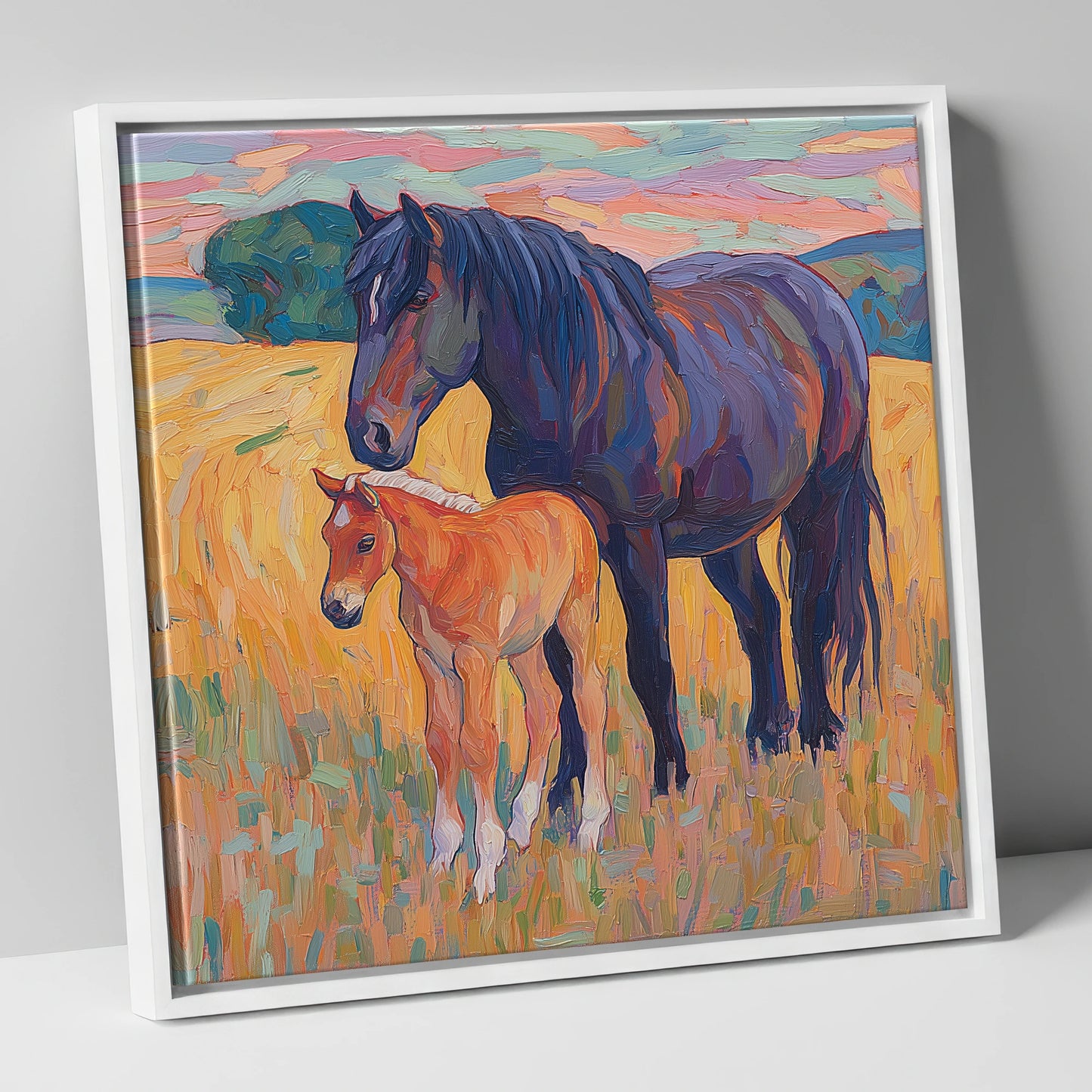 Vibrant Bond Mare and Foal mare & foal canvas wall art in white frame