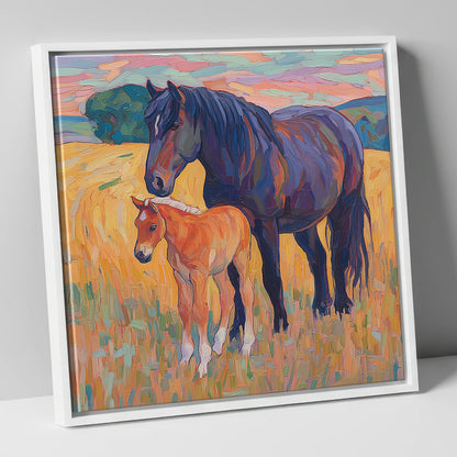 Vibrant Bond Mare and Foal mare & foal canvas wall art in white frame