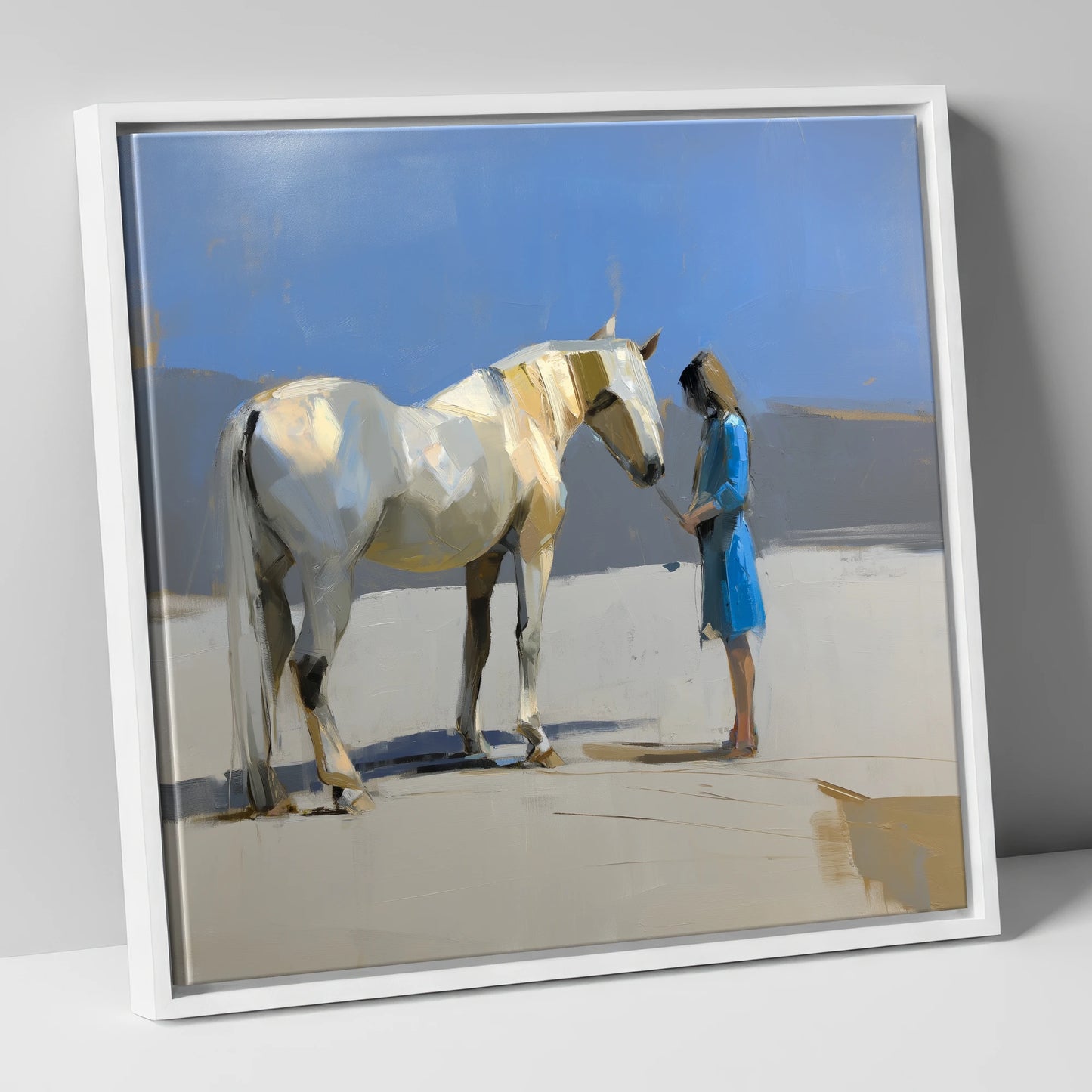 Sunlit Companion horse & rider canvas wall art in white frame