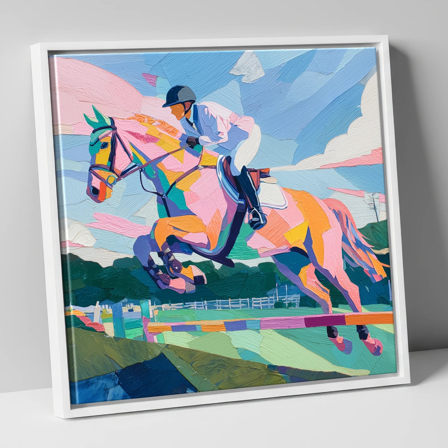 Kaleidoscope Leap show jumping horse canvas wall art in white frame