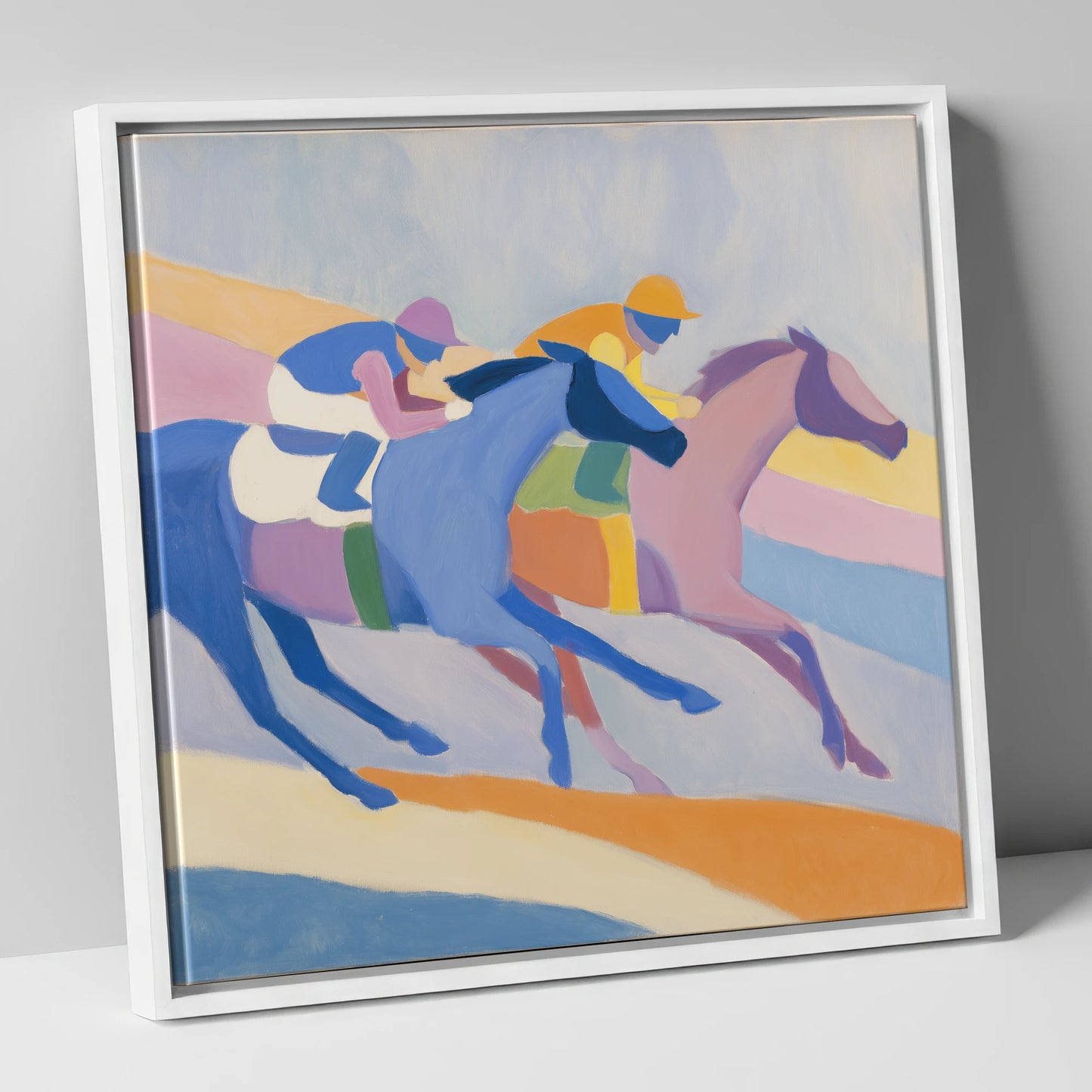 Modern Pastel Gallop racing horse canvas wall art in white frame