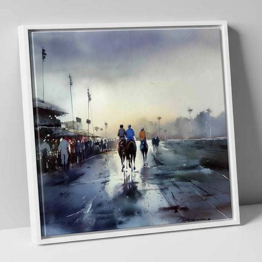 Dawn at the Track racing horse canvas wall art in white frame