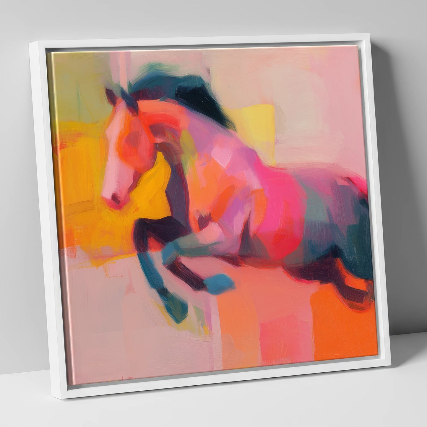 Fiery Leap show jumping horse canvas wall art in white frame
