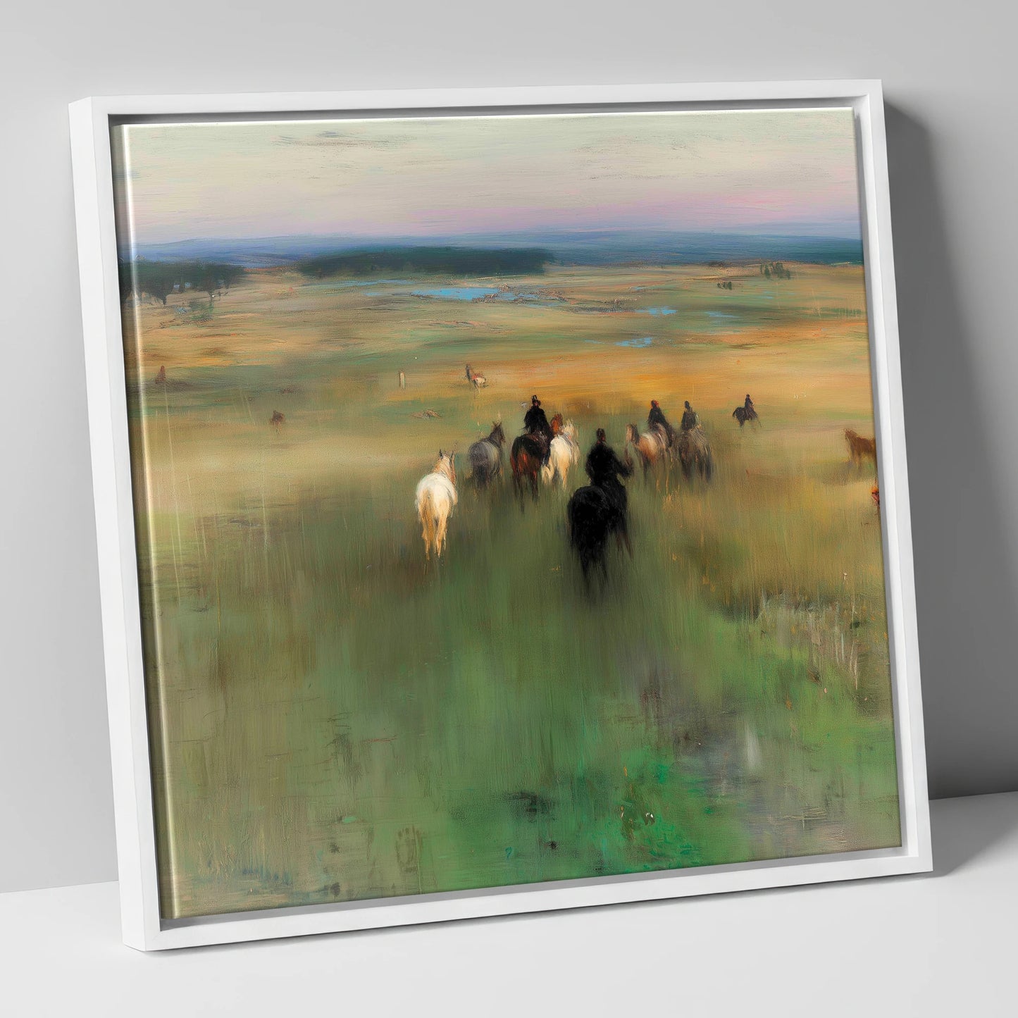 Riding Out horse landscape canvas wall art in white frame