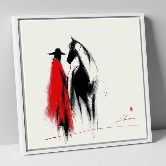 Crimson Western Silhouette western horse canvas wall art in white frame