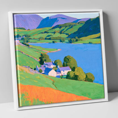 Vibrant Lakeside Valley horse landscape canvas wall art in white frame