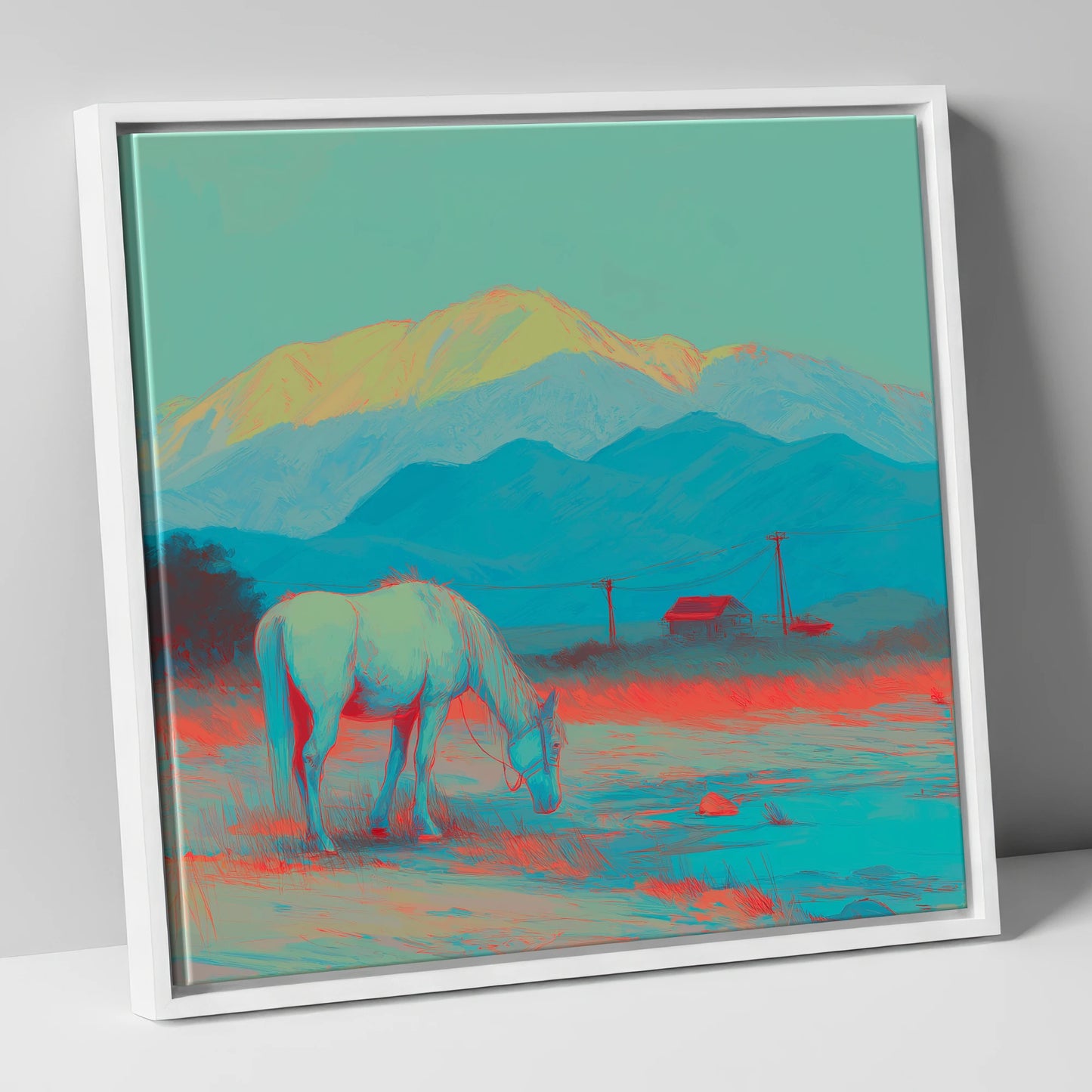 Electric Mountain Grazing horse landscape canvas wall art in white frame