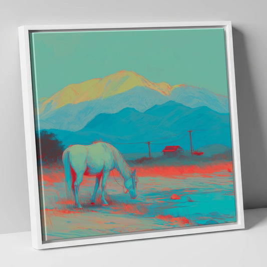 Electric Mountain Grazing horse landscape canvas wall art in white frame