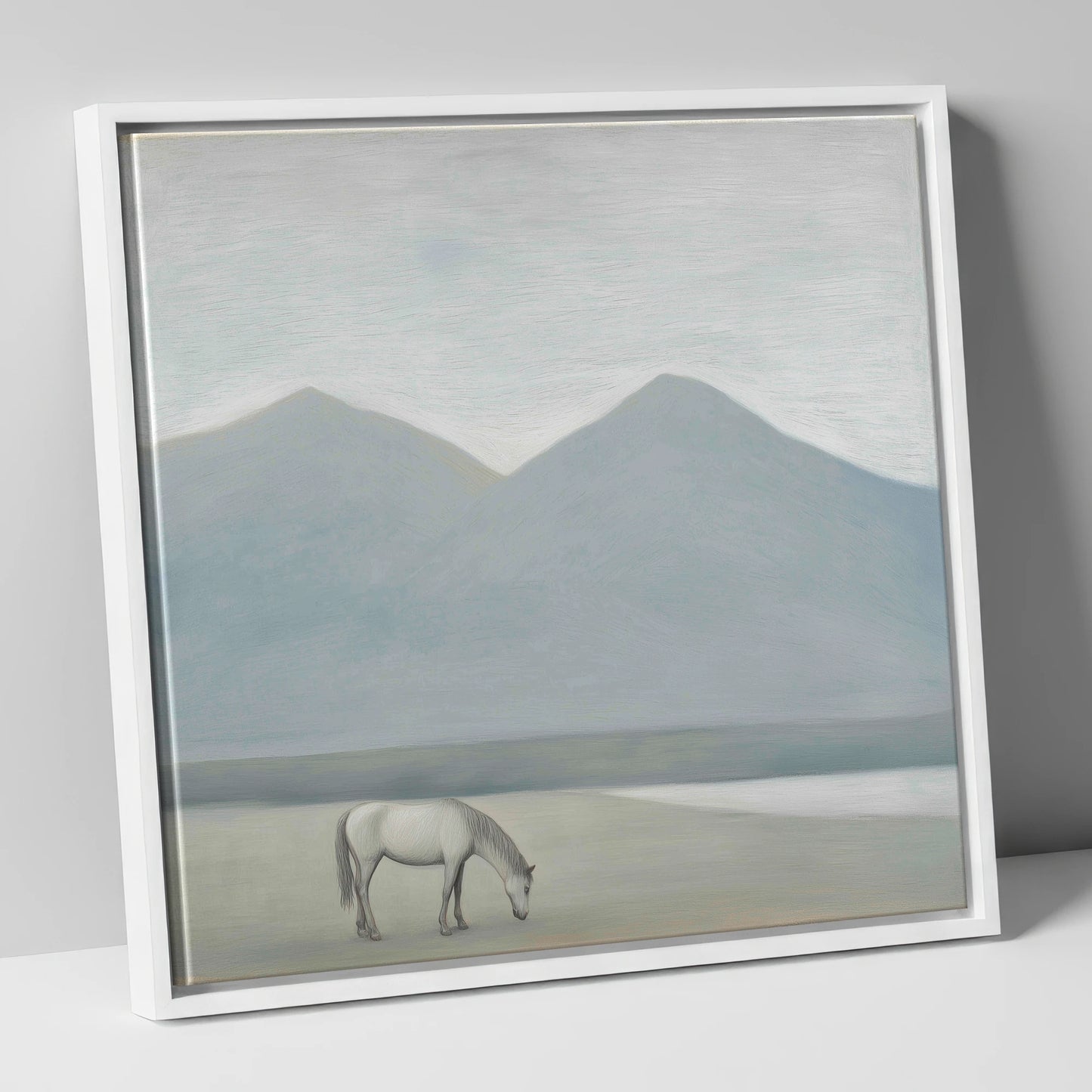 Solitary Mountain Grazing horse landscape canvas wall art in white frame