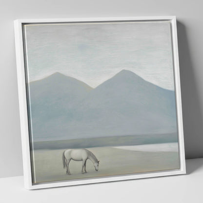 Solitary Mountain Grazing horse landscape canvas wall art in white frame