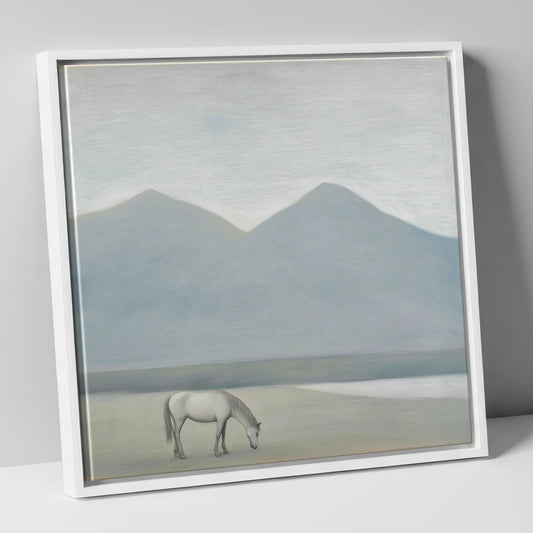 Solitary Mountain Grazing horse landscape canvas wall art in white frame