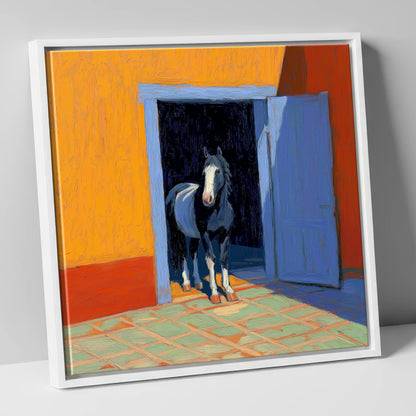 Sunlit Stable Doorway horse stable canvas wall art in white frame
