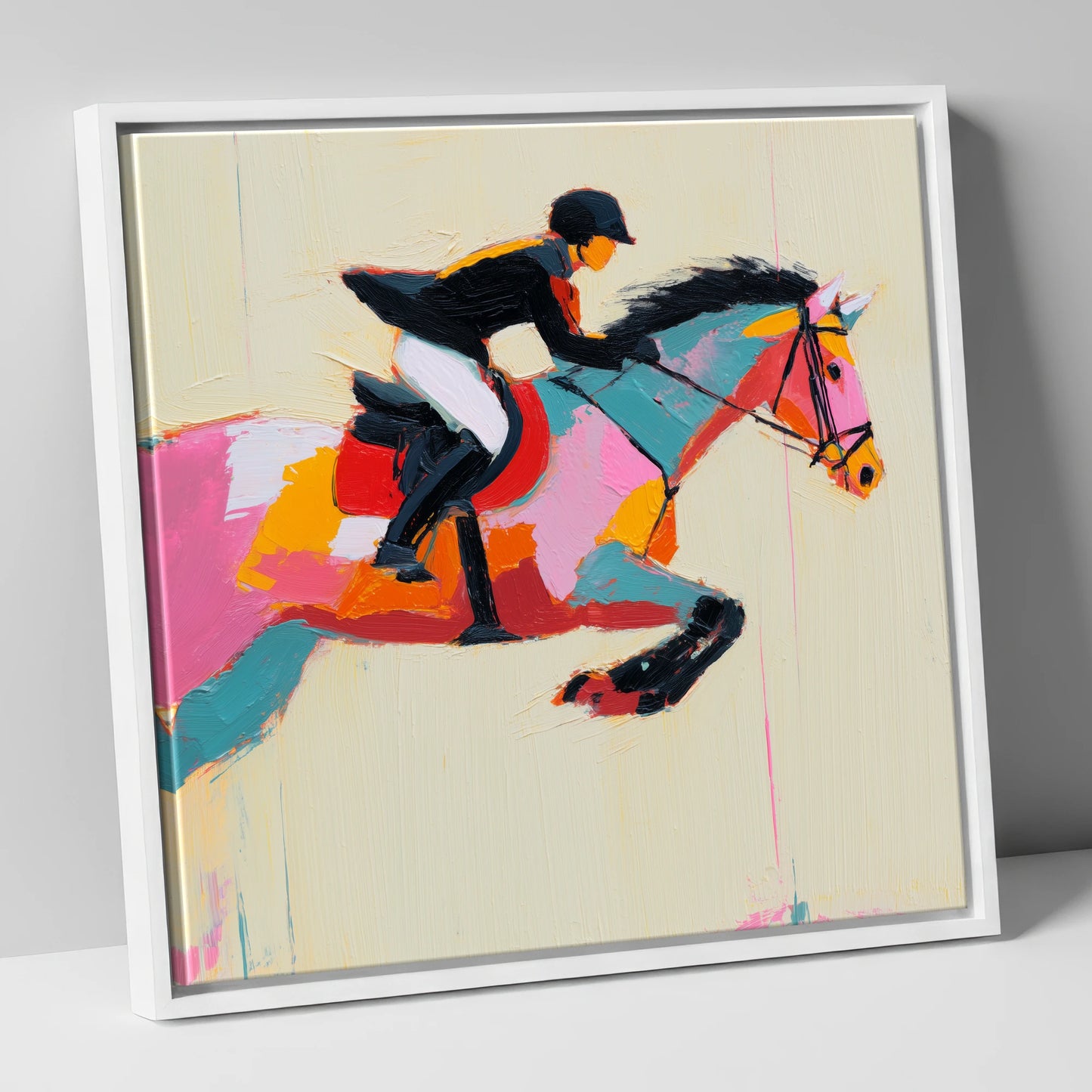 Vivid Showjumping Flight show jumping horse canvas wall art in white frame