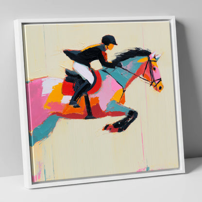 Vivid Showjumping Flight show jumping horse canvas wall art in white frame