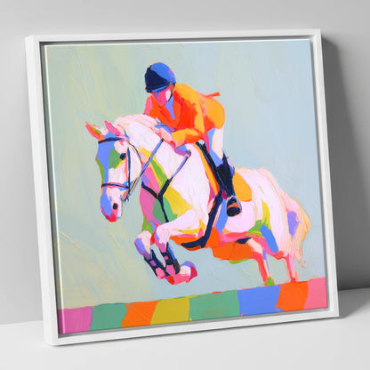Technicolour Flight show jumping horse canvas wall art in white frame