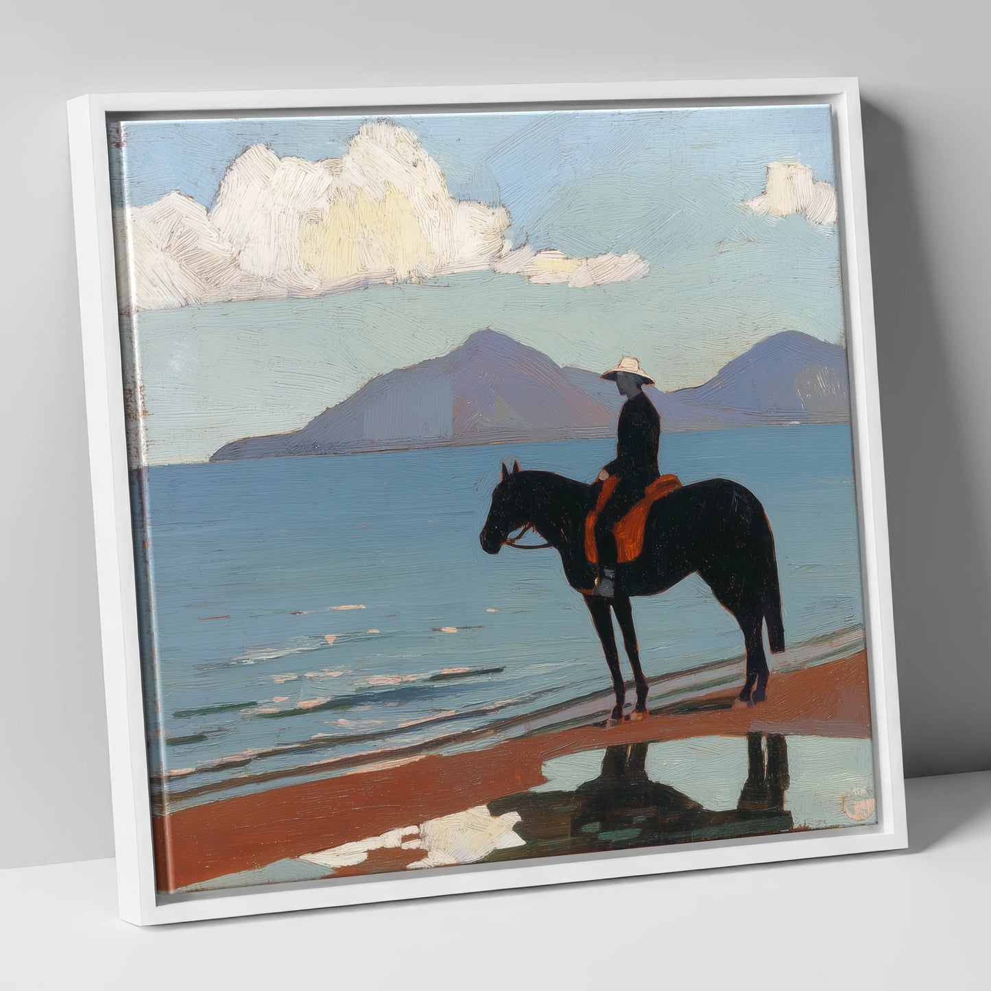 Silhouette on the Sands beach horse canvas wall art in white frame