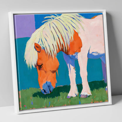 Vibrant Grazing Shetland Pony horse breed canvas wall art in white frame